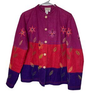 Coldwater Creek Embroidered Floral Linen-Blend Jacket M Colorblock Boho Artsy